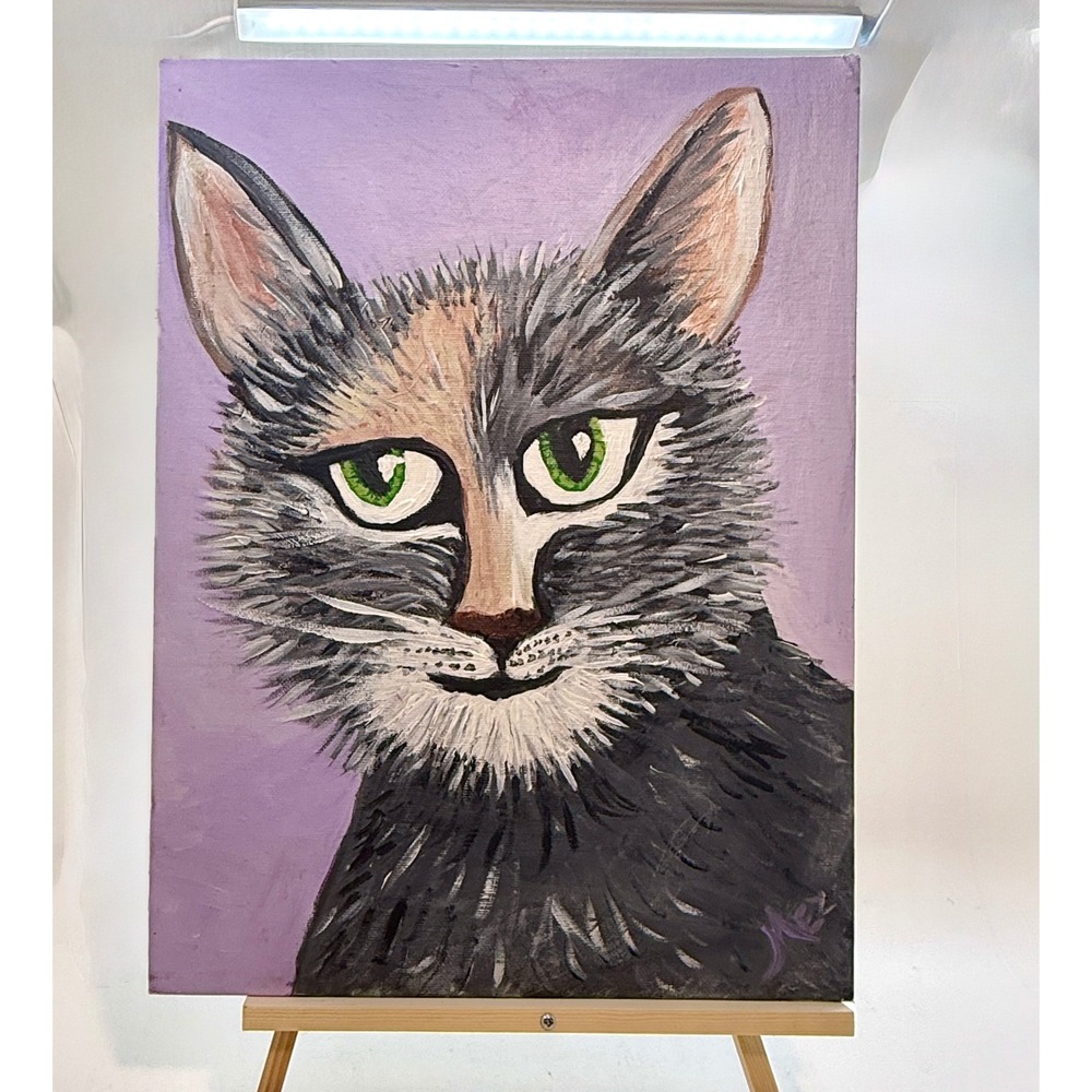 Hand Painted Whimsical Cat Canvas Board Folk Art Boho Cottagecore 16x12